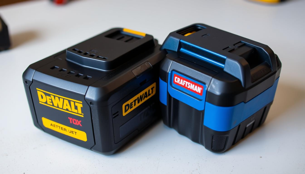 A close-up view of two different battery packs, one DeWalt and one Craftsman, resting side by side on a clean, well-lit workbench. The DeWalt battery has a distinctive yellow and black color scheme, while the Craftsman battery is a contrasting blue and black. The lighting casts soft shadows, highlighting the textures and details of the battery housings. The focus is sharp, drawing the viewer's attention to the subtle differences and similarities between the two power sources. The overall scene conveys a sense of technical curiosity and the exploration of third-party solutions for battery compatibility.