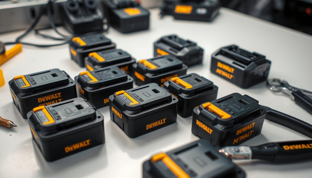 A close-up view of various DeWalt battery packs arranged on a clean, well-lit workbench. The batteries are shown in various states of wear and condition, some pristine and others with visible signs of damage or wear. A set of tools, including a screwdriver and pliers, are positioned nearby, suggesting an inspection or repair process. The lighting is soft and diffused, creating a professional, technical atmosphere. The focus is sharp, drawing the viewer's attention to the details of the batteries and the overall quality of the warranty claims process.
