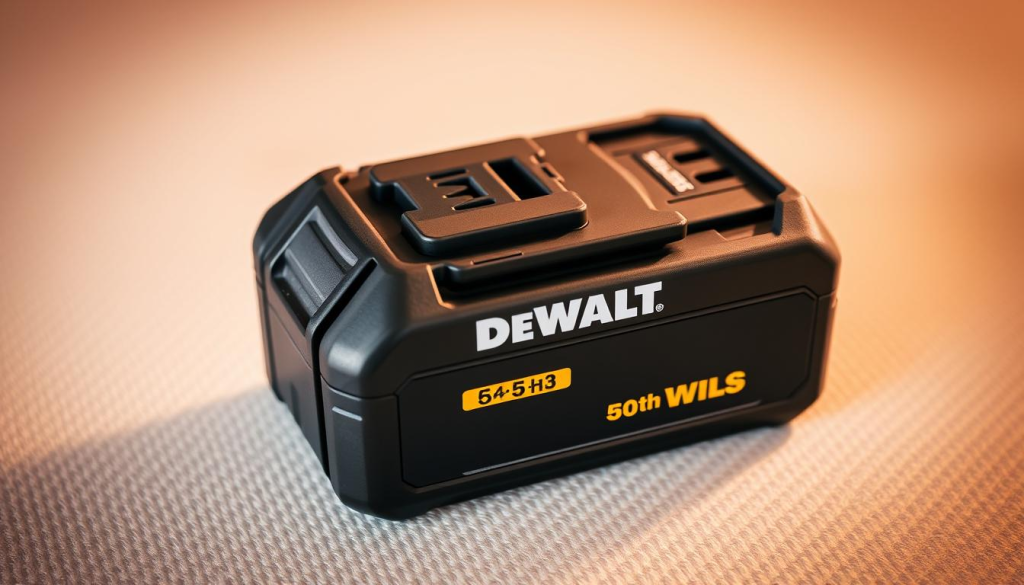 A close-up, well-lit, and crisp photograph of a DEWALT 5Ah battery pack resting on a textured, light-colored surface. The battery displays its sleek, sturdy black casing with the DEWALT logo prominently visible. The image showcases the battery's impressive capacity, capturing its size and weight to convey a sense of power and reliability. Soft, warm lighting accentuates the battery's edges and highlights its technical details, such as the battery terminals and the ventilation slots. The background is slightly blurred, allowing the battery to be the focal point, emphasizing its performance and suitability for heavy-duty power tool applications.