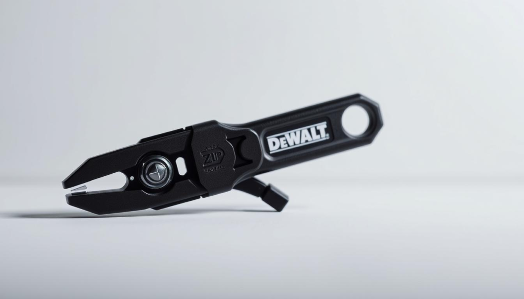 A close-up, well-lit, and meticulously detailed image of the DEWALT Zip Tool, a compact and versatile hand tool. The tool is positioned in the foreground, showcasing its sleek and sturdy design, with a matte black finish and metallic accents. The middle ground features a clean, minimalist background, allowing the tool to be the focal point. Soft, diffused lighting creates a professional and high-quality aesthetic, highlighting the precision engineering and attention to detail. The overall mood is one of functionality, reliability, and the tool's potential to be an indispensable companion for various tasks.