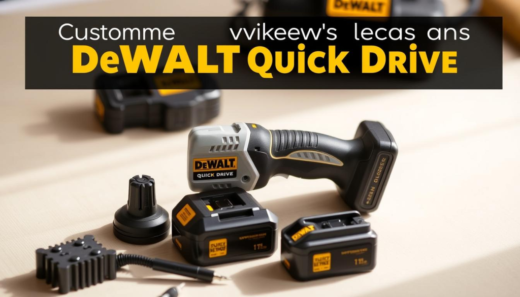 A close-up, well-lit photograph of a DeWalt Quick Drive cordless tool and accessories, set against a neutral background. The tool is prominently displayed, showcasing its sleek, modern design. The image captures the attention of the viewer, highlighting the product's key features and conveying a sense of quality and reliability. The lighting is warm and natural, creating a inviting and professional atmosphere. The composition is balanced, with the tool occupying the central focus, surrounded by a minimal but thoughtful arrangement of related accessories. This image aims to visually represent the "Customer Reviews and Feedback" section, providing a visually engaging introduction to the DeWalt Quick Drive product.