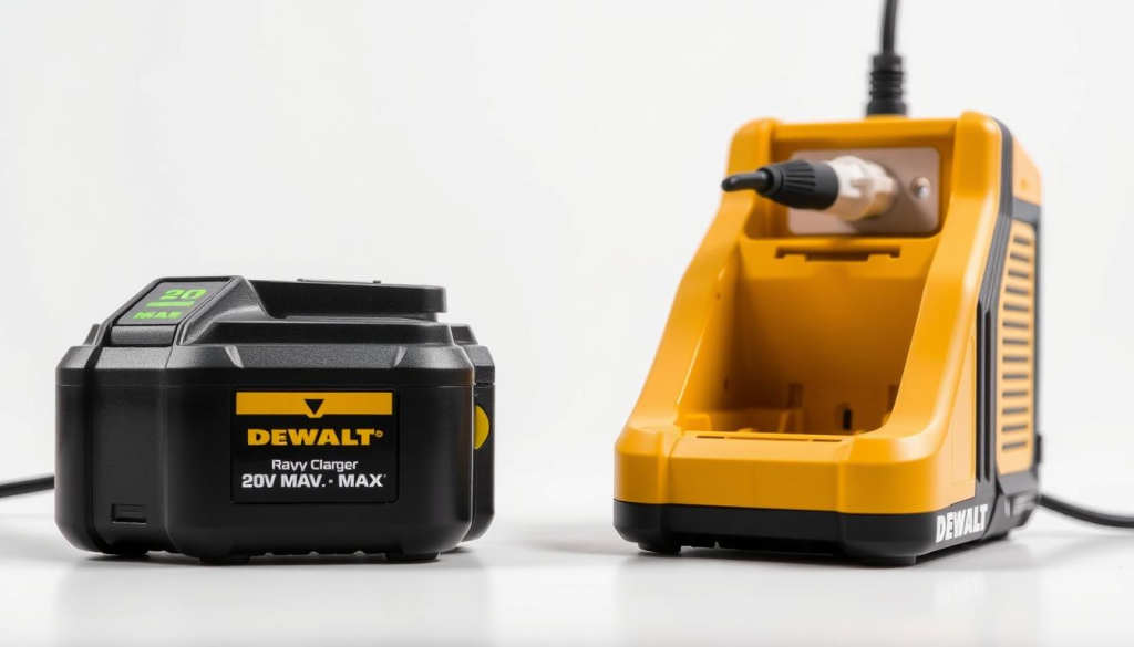 A close-up, well-lit studio shot of the step-by-step process for charging a DEWALT battery. In the foreground, a DEWALT 20V MAX battery pack is firmly docked in a DEWALT rapid charger, its charging indicator lights illuminated. In the middle ground, the charger's power cord is plugged into a wall outlet, the plug visible. The background features a simple, minimalist white backdrop, allowing the charging equipment to be the central focus. The lighting is clean and even, with a slight reflection visible on the battery pack's surface, conveying a sense of quality and precision. The composition is symmetrical and balanced, highlighting the simplicity and efficiency of the charging procedure.