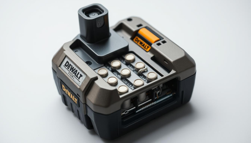 A close-up, well-lit view of a DeWalt battery pack, showcasing its intricate components. The battery's outer casing is rendered in crisp detail, with a metallic sheen that reflects the studio lighting. The interior reveals the carefully arranged cells, neatly organized and connected by a network of wires and circuitry. The image conveys a sense of precision engineering, highlighting the battery's robust construction and the importance of proper maintenance for optimal performance and longevity. The neutral background allows the subject to be the focal point, emphasizing the technical details that are crucial for extending the battery's lifespan.