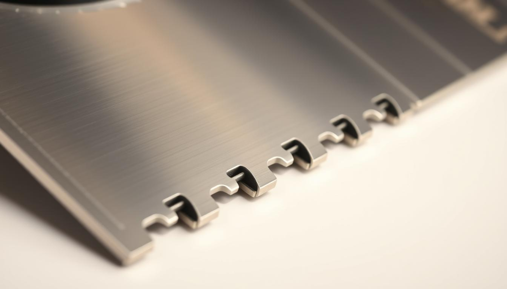 A closeup, high-resolution image of a DEWALT edger blade, set against a clean, neutral background. The blade is sharply in focus, showcasing its rugged construction and serrated teeth, designed for effortless lawn edging. The lighting is soft and diffused, illuminating the metal's silvery sheen and highlighting the intricate details of the blade's design. The depth of field is shallow, keeping the background slightly blurred to draw the viewer's attention to the main subject. The overall mood is one of precision, durability, and the reliable performance that DEWALT tools are known for.