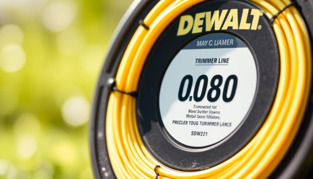 A closeup shot of a Dewalt 0.080 trimmer line spool, showcasing its rugged construction and fine details. The line appears smooth and uniform, with a vibrant yellow color that pops against a softly blurred background. Bright, natural lighting casts subtle shadows, highlighting the line's texture and flexibility. The spool is slightly angled, revealing its full diameter and the precision-engineered design. The image conveys a sense of quality, reliability, and the trimmer line's ability to handle tough lawn maintenance tasks effortlessly.