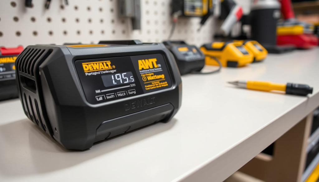 A closeup view of a DEWALT battery charger, showcasing its charging wattage display. The charger is situated on a clean, well-lit workbench, with a neutral background highlighting the device's technical details. The charger's display panel is prominently featured, clearly showing the current wattage being used for the charging process. The lighting is soft and even, emphasizing the precision and functionality of the charger. The composition is focused, with the charger occupying the central frame, allowing the viewer to easily assess the wattage information relevant to the article's subject.