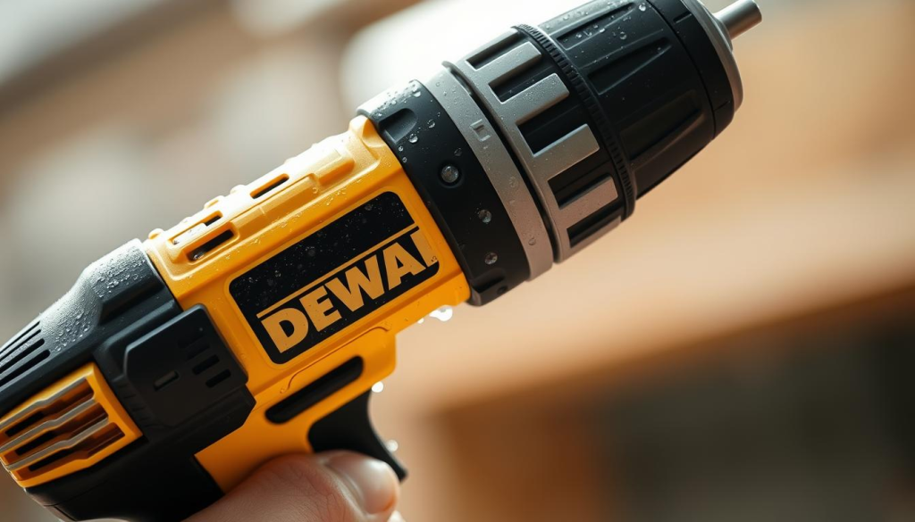 A closeup view of a DEWALT cordless drill, its rugged housing glistening with water droplets. The drill is held at a slight angle, revealing its sturdy construction and weather-resistant design. Bright, diffused lighting illuminates the scene, casting soft shadows and highlighting the drill's textured surface. The background is blurred, keeping the focus on the tool's durable, waterproof features. The overall tone is one of reliability and resilience, perfectly capturing the essence of a DEWALT power tool built to withstand the elements.