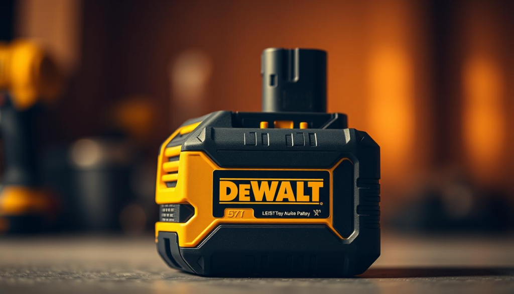 A closeup view of a DeWalt battery pack, showcasing its cutting-edge technology. The battery is positioned in the center, with a clean, modern design featuring the iconic DeWalt yellow and black color scheme. The foreground is sharply focused, highlighting the battery's intricate circuitry, robust build, and prominent DeWalt logo. The middle ground features a soft, blurred background, creating a sense of depth and emphasizing the battery's importance. Warm, directional lighting from the top-left casts subtle shadows, adding depth and dimension to the subject. The overall mood is one of precision, power, and technological innovation, reflecting the key features of DeWalt's battery technology.