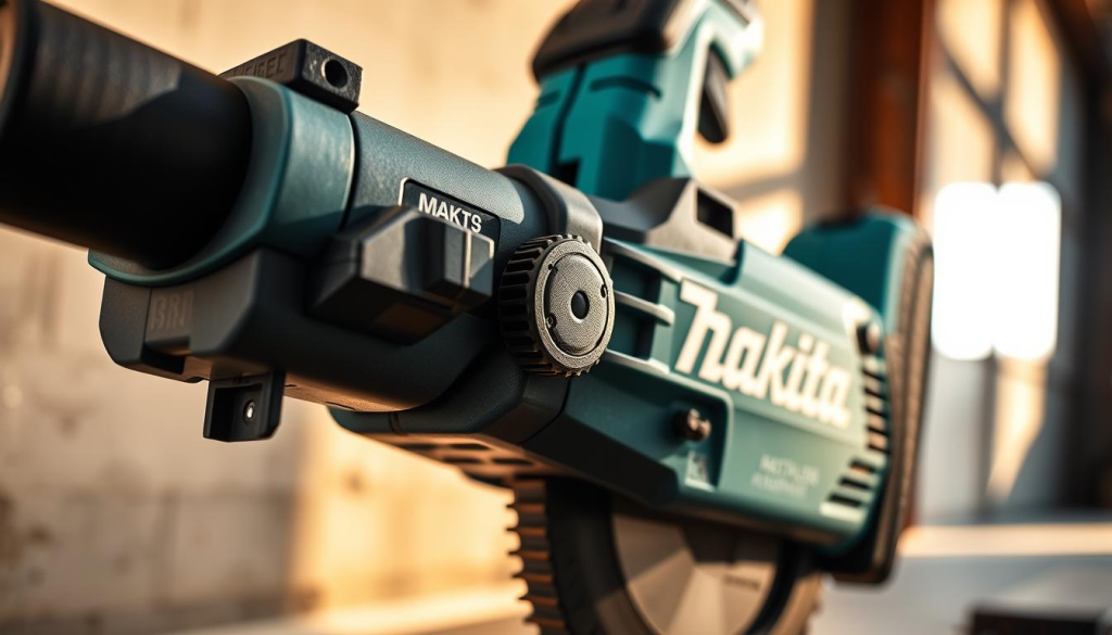 A closeup view of a Makita cordless sawzall power tool, showcasing its key safety features. The foreground displays the sawzall's brushless motor, trigger switch, and locking mechanism in sharp detail, conveying the tool's durability and secure operation. The middle ground highlights the saw's ergonomic grip and adjustable shoe, emphasizing its user-friendly design. The background depicts the sawzall's sturdy metal housing and vibrant Makita branding, set against a softly lit, industrial-style environment to reinforce the tool's robust and professional-grade nature. Warm lighting from the side casts shadows that accentuate the sawzall's contours and textures, creating a sense of depth and three-dimensionality.