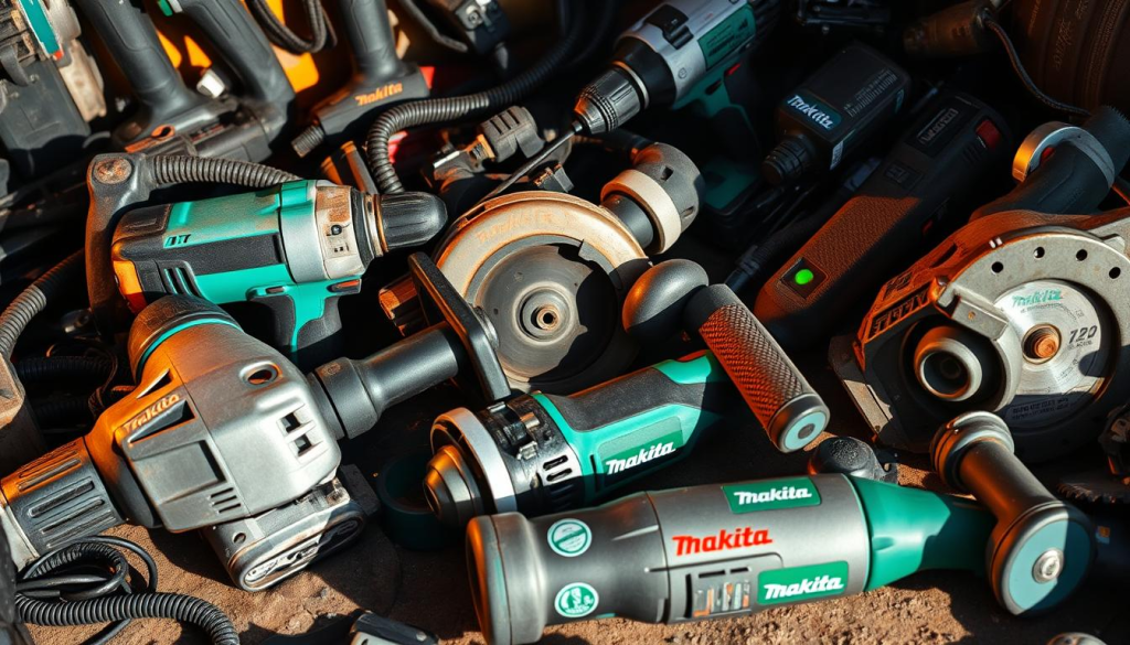 A cluttered workbench filled with an array of industrial-grade Makita power tools, including a rotary hammer drill, an impact driver, a circular saw, and a grinder. The tools are arranged in a dynamic, asymmetrical composition, showcasing their rugged, professional-grade construction. Warm, directional lighting casts dramatic shadows, highlighting the tools' distinct textures and materials - sleek metal casings, knurled grip surfaces, and vibrant green accents. The overall scene conveys a sense of utility, functionality, and the reliable performance expected from Makita's renowned line of high-performance hand tools.