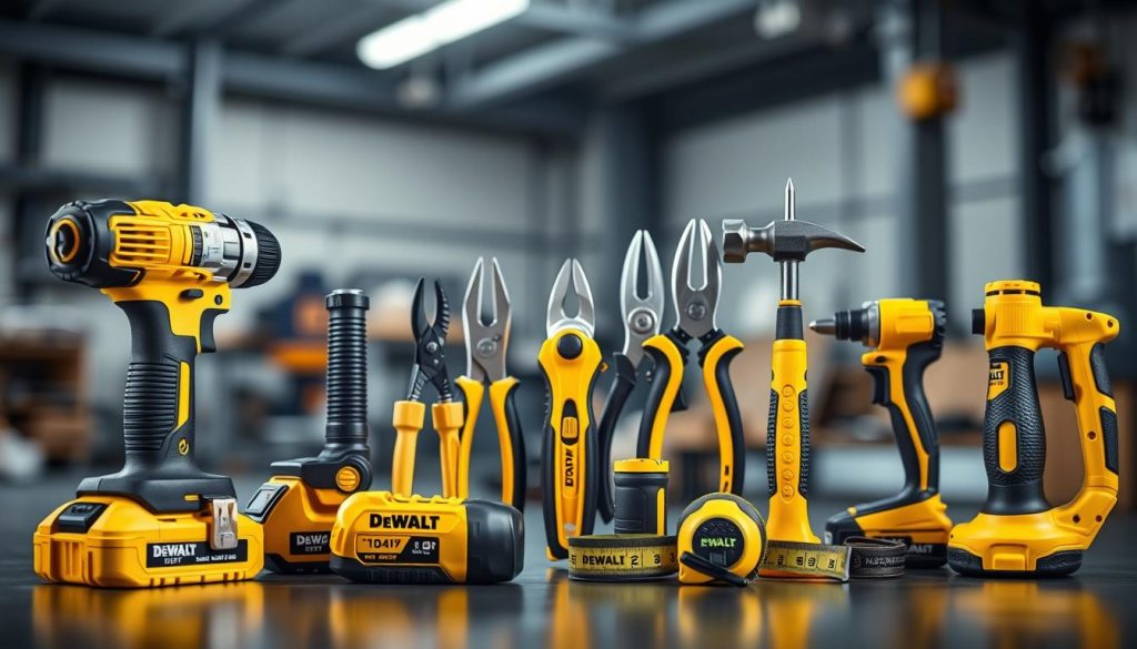 A collection of DeWalt yellow hand tools arranged in a well-lit studio setting. In the foreground, a cordless drill, a hammer, and a screwdriver stand out with their iconic bright yellow color and sleek, industrial design. In the middle ground, a set of pliers, a utility knife, and a tape measure are neatly displayed, showcasing the brand's comprehensive tool lineup. The background features a subtle, blurred industrial environment, hinting at the tools' intended use in various work settings. The lighting is soft and directional, creating highlights and shadows that accentuate the tools' sturdy, high-quality construction. The overall composition is clean, focused, and emphasizes the durability and versatility of DeWalt's renowned hand tools.