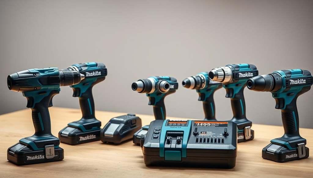 A collection of high-quality Makita drill sets, meticulously arranged on a clean, well-lit workbench. The drills, in various sizes and models, are captured from a slightly elevated, angled perspective, showcasing their sleek, modern designs and sturdy construction. The lighting is soft and diffused, accentuating the metallic finishes and highlighting the intricate textures of the tools. The background is a neutral, muted color, allowing the drill sets to take center stage and commanding the viewer's attention. The overall atmosphere is one of precision, professionalism, and the reliable power that Makita tools are known for.