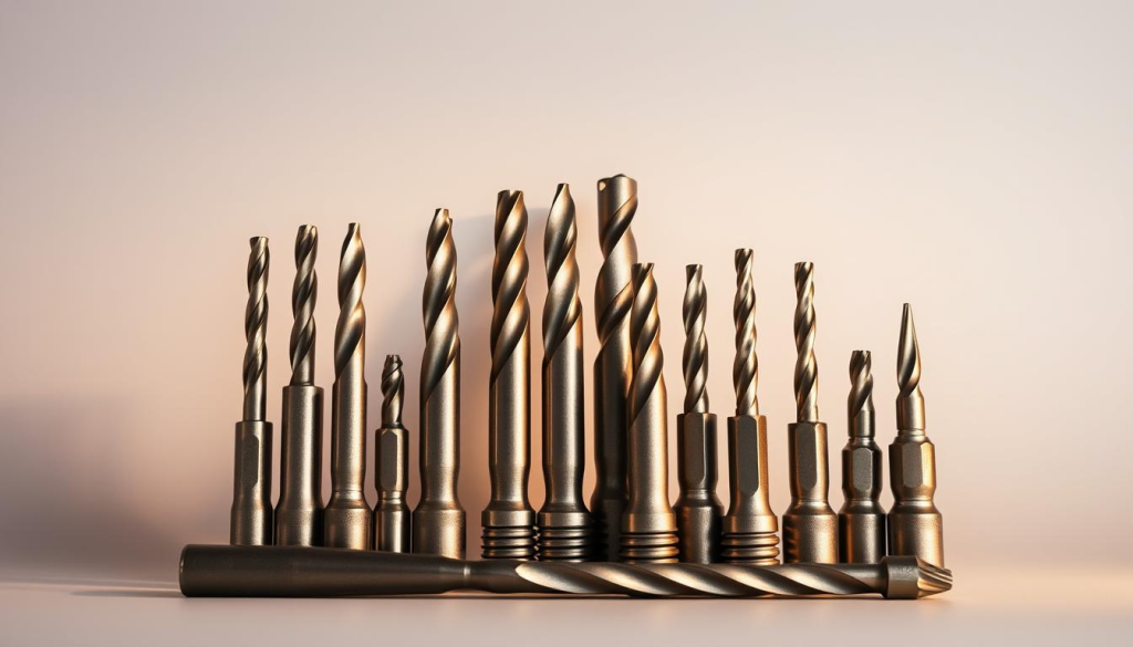 A collection of high-quality Makita power drill bits arranged in a visually appealing manner. The bits are made of durable metal, with a variety of sizes and shapes suitable for different drilling tasks. The bits are displayed on a clean, minimalist background, allowing their intricate details to shine. Soft, warm lighting casts subtle shadows, emphasizing the sleek, professional design of the accessories. The overall composition conveys a sense of precision, reliability, and the versatility of the Makita power drill system.
