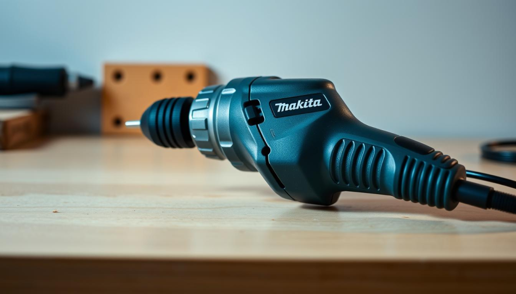 A compact Makita angle drill resting on a clean, well-lit workbench. The drill's sleek, gray metallic body and knurled grip are showcased in crisp detail, with a warm, golden-toned light source highlighting its contours. The drill's angled head is prominently displayed, accentuating its unique design for tight spaces and precision work. The background is a simple, minimalist workspace, allowing the tool to be the central focus. Subtle shadows and reflections add depth and realism to the scene, conveying the drill's solid, durable construction. The overall mood is one of professionalism, functionality, and an appreciation for well-designed power tools.