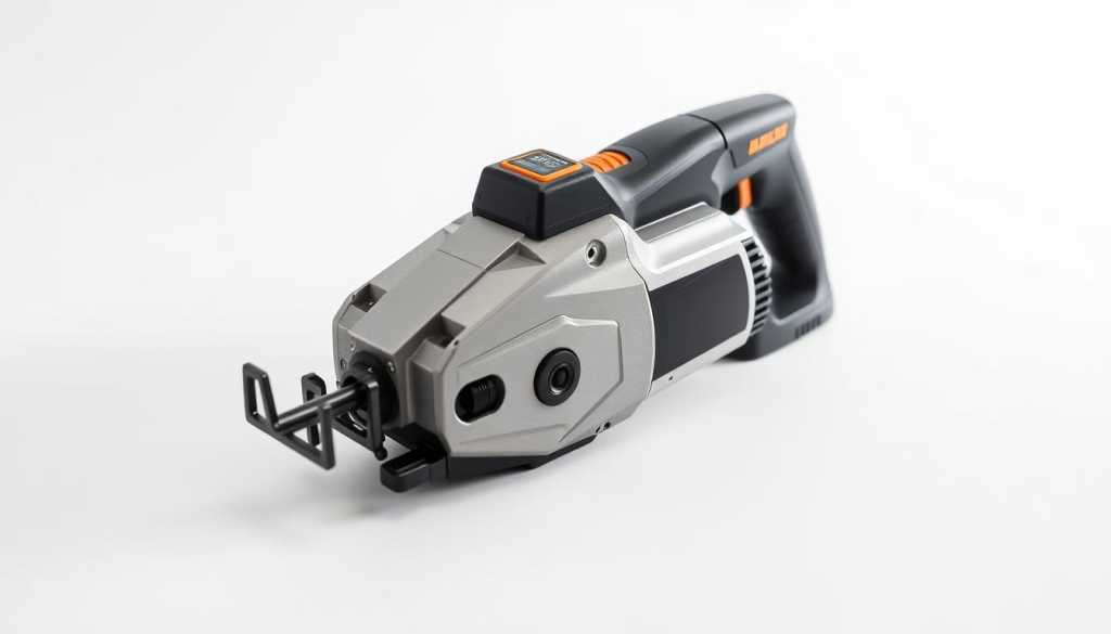 A compact, battery-powered electric saw with a sleek, modern design rests on a clean, well-lit surface. The saw's metallic body gleams under soft, directional lighting, showcasing its sturdy construction and attention to detail. In the middle ground, the saw's blade is clearly visible, suggesting its powerful cutting capabilities. The background is a minimalist, white studio environment, allowing the saw to take center stage and highlighting its high-quality build.