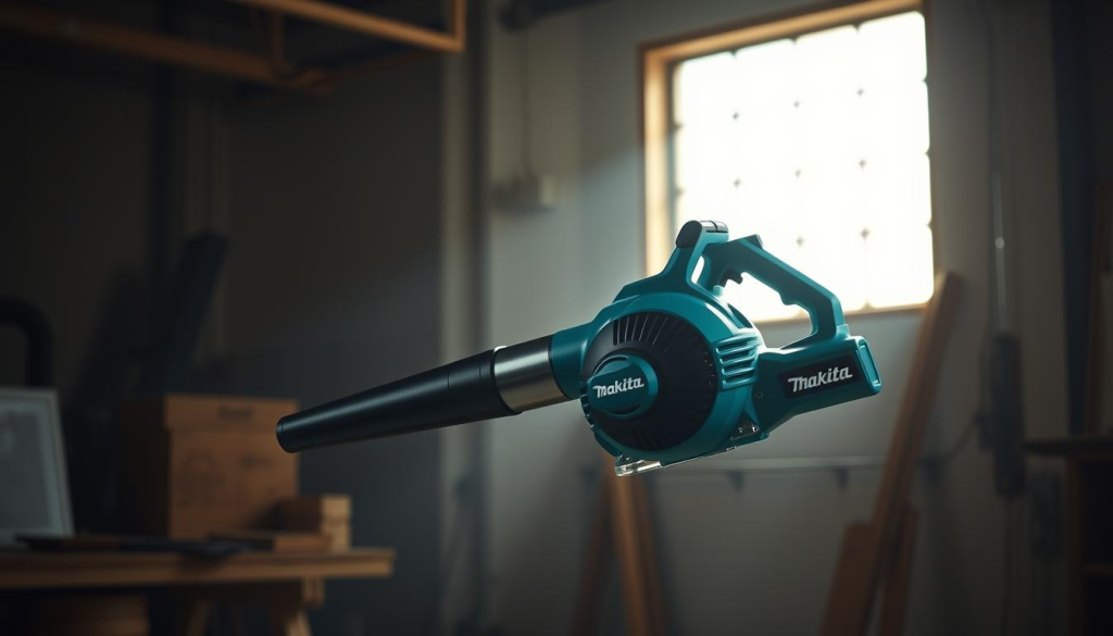 A compact, cordless Makita mini blower hovers effortlessly, its sleek, streamlined body casting a soft, electric glow in a dimly lit, modern workshop. The brushless motor hums quietly, its efficient power source highlighted by the subtle blue accents. Backlit from a window, the blower's aerodynamic design stands in sharp contrast to the minimalist, industrial setting, conveying a sense of eco-friendly innovation. Crisp shadows and gentle highlights accentuate the blower's compact yet powerful form, capturing its energy-efficient performance and environmental impact.