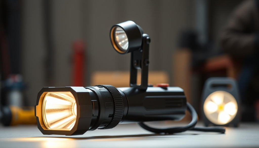 A compact, handheld work light with a robust, durable metal housing. The light is positioned in the foreground, with a soft, warm glow illuminating the scene. In the middle ground, the work light's adjustable head and compact body are clearly visible, showcasing its versatility. The background is slightly blurred, creating a sense of focus on the work light as the central subject. The lighting is evenly distributed, with no harsh shadows or hotspots, creating a pleasant, well-lit atmosphere suitable for a variety of work environments.