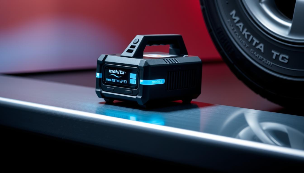 A compact, portable tire inflator rests on a sleek, metallic surface, its digital display and controls illuminated by soft, ambient lighting. The device's sturdy, yet streamlined design evokes a sense of precision engineering, ready to effortlessly inflate tires of various sizes. In the background, a subtle gradient backdrop adds depth and emphasizes the inflator's compact, self-contained form. The overall scene conveys a sense of modern convenience and dependability, perfectly suited to illustrate the "Features of the Makita Tire Inflator" section of the article.