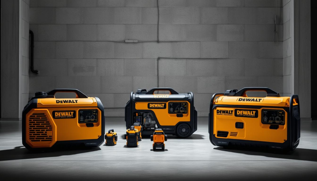 A comparison of DEWALT generators set against a clean, well-lit industrial backdrop. In the foreground, three DEWALT generators in various sizes and power outputs, their sleek, orange-and-black designs highlighted by dramatic side lighting. In the middle ground, the generators are flanked by smaller competing models, allowing a clear visual contrast. The background features a neutral gray wall, emphasizing the focus on the generators. The overall scene conveys a sense of quality, power, and technological sophistication befitting DEWALT's reputation.