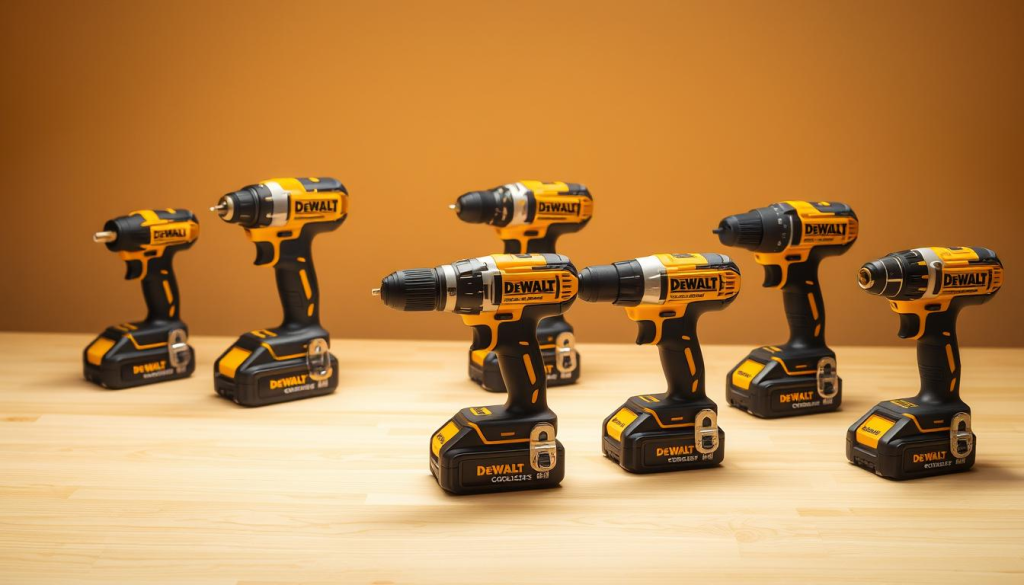 A comparison of several DeWalt cordless drill models, showcased on a clean, well-lit wooden surface. The drills are arranged in a visually appealing layout, each one photographed from a slightly angled perspective to highlight their distinct features and designs. The lighting is soft and diffused, creating a professional, high-quality product photography aesthetic. The background is a warm, neutral tone that complements the DeWalt brand colors and allows the drills to take center stage. The overall composition is balanced and symmetrical, inviting the viewer to examine and compare the various models side-by-side.