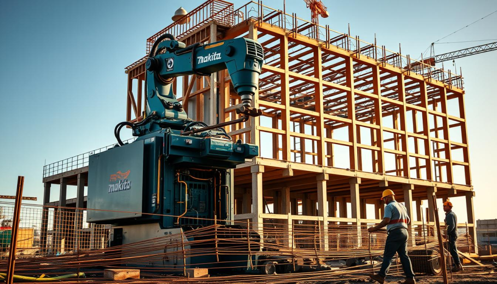 A construction site bustles with activity, the centerpiece a Makita rebar tier machine. Sleek and modern, the device stands tall, its robotic arm deftly weaving steel reinforcement bars with precision. Warm, directional lighting casts dynamic shadows, highlighting the machine's intricate mechanisms. In the foreground, workers carefully guide the rebar, their movements complementing the machine's efficient operation. The background features a partially constructed building, its skeletal frame a testament to the machine's vital role in the construction process. This scene conveys the Makita Rebar Tier's power, reliability, and seamless integration with human labor, showcasing its benefits as an effortless reinforcement solution.