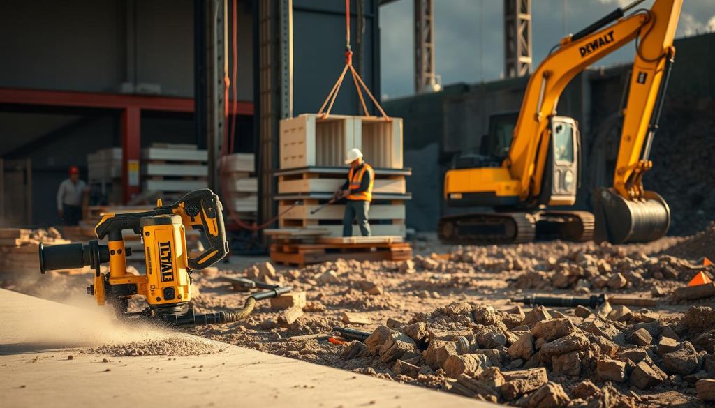 A construction site, illuminated by warm natural lighting, showcases a variety of DEWALT quiet hydraulic tools in action. In the foreground, a hydraulic jackhammer smoothly demolishes concrete, its muted hum barely audible. In the middle ground, a hydraulic ram effortlessly lifts heavy building materials, its precise movements controlled by an operator donning protective gear. In the background, a hydraulic excavator digs into the earth, its powerful yet quiet hydraulics enabling precise maneuverability. The scene conveys the impressive performance and remarkable noise reduction of DEWALT's advanced hydraulic technology, perfectly suited for a wide range of construction applications.