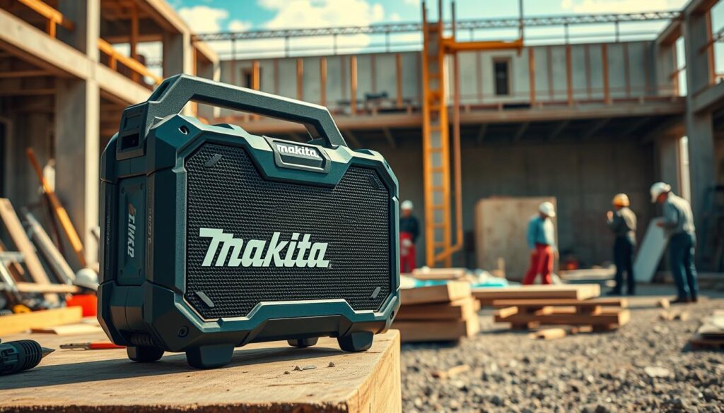 A construction site on a sunny day, with a rugged Makita Bluetooth speaker prominently placed in the foreground. The speaker has a sleek, modern design with a sturdy, weather-resistant casing. It sits atop a workbench, surrounded by tools and building materials, conveying its versatility and durability in a demanding jobsite environment. The middle ground features construction workers engaged in various tasks, their movements captured in a dynamic, cinematic composition. The background showcases the unfinished structure, with a warm, natural lighting that casts long shadows and highlights the textures of the materials. The overall atmosphere conveys the power, reliability, and versatility of the Makita Bluetooth speaker, seamlessly integrated into the bustling, productive jobsite.