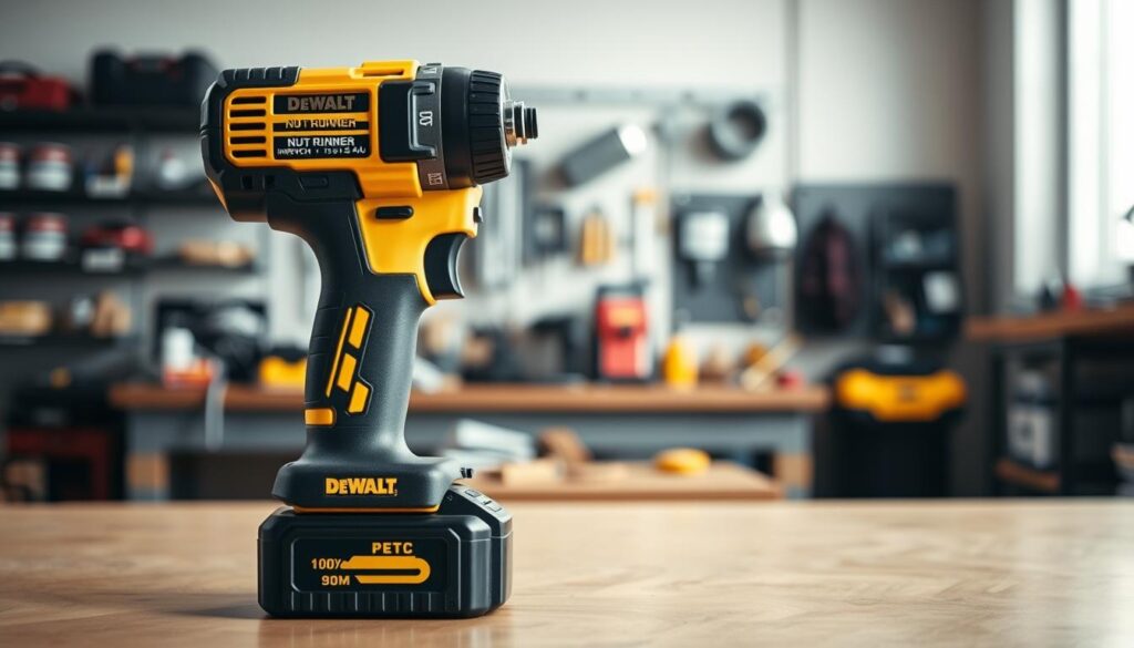 A cordless impact wrench in a clean, well-lit workshop setting. The tool sits prominently in the foreground, its sleek black and yellow casing gleaming under soft, diffused lighting. The middle ground reveals a workbench cluttered with various fastening tools and hardware, while the background fades into a blurred, minimalist environment, allowing the impact wrench to be the central focus. The image conveys a sense of efficiency and power, reflecting the DEWALT Nut Runner's ability to effortlessly loosen and tighten nuts and bolts.