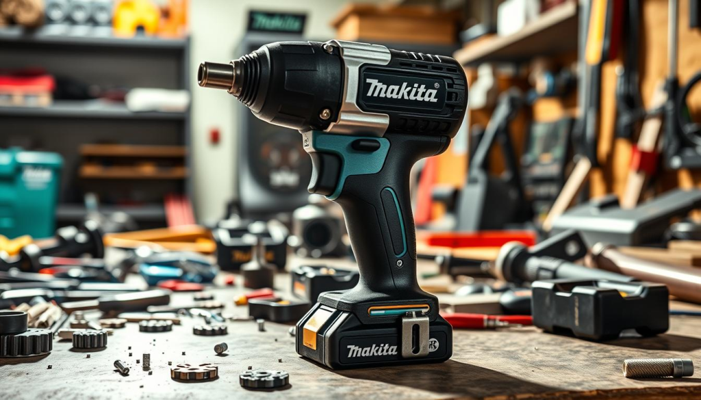 A cordless impact wrench in the foreground, its sleek and compact design showcasing Makita's signature branding. The tool is positioned on a workbench, surrounded by scattered tools and hardware, creating a cluttered yet organized workshop atmosphere. Bright, directional lighting casts dynamic shadows, highlighting the wrench's metallic finish and textured grip. In the background, a blurred, industrial setting with shelves of equipment and tools, suggesting a professional, well-equipped workspace. The scene conveys the power and versatility of the Makita impact wrench, ready to tackle any job with ease and efficiency.