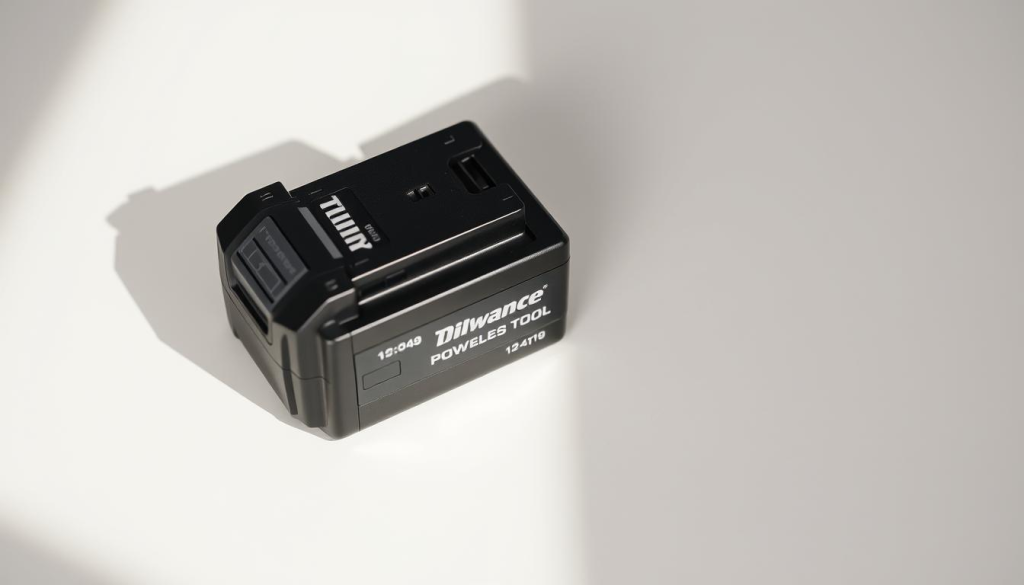 A cordless power tool battery resting on a clean, neutral-colored surface. The battery has a sleek, modern design with the brand's logo prominently displayed. Soft, directional lighting from the side creates subtle shadows, highlighting the battery's contours and metallic accents. The image has a crisp, high-resolution focus, capturing every detail of the battery's construction and inner workings. The overall mood is one of technical precision and product quality, fitting the subject of potential issues when mixing different battery types.