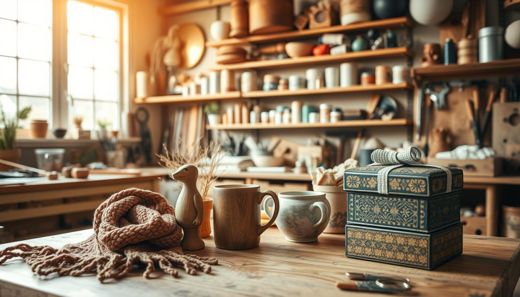 A cozy DIY workshop filled with an assortment of homemade gifts. In the foreground, a wooden workbench showcases an eclectic array of handcrafted items - a knitted scarf, a carved wooden figurine, a ceramic mug, and a jewelry box adorned with intricate patterns. The middle ground features shelves brimming with tools, materials, and half-finished projects, conveying a sense of creative energy. In the background, warm lighting emanates from a large window, casting a golden glow over the space and highlighting the textural details of the rustic decor. An atmosphere of joy, anticipation, and the satisfaction of creating something with one's own hands permeates the scene.