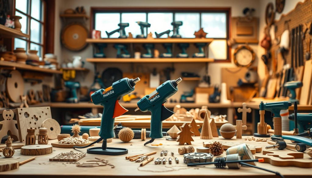 A cozy home workshop with a well-stocked Makita workbench. In the foreground, a Makita glue gun stands prominently, surrounded by an assortment of creative projects - from intricate wood carvings to whimsical DIY decorations. Soft, warm lighting illuminates the scene, casting a gentle glow on the various materials and tools. In the middle ground, shelves display an array of Makita power tools, hinting at the diverse creative possibilities. The background features large windows, allowing natural daylight to filter in, creating a serene and inspirational atmosphere. The overall composition conveys a sense of artistry, innovation, and the seamless integration of the Makita glue gun into a passionate maker's workflow.
