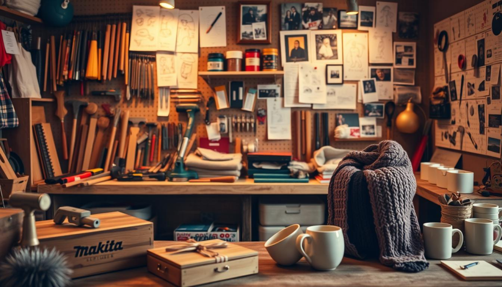 A cozy workshop filled with DIY gift ideas, bathed in warm, soft lighting. In the foreground, various handcrafted items - a beautifully carved wooden box, a knitted scarf, and a set of ceramic mugs. In the middle ground, tools and materials neatly organized on shelves - hammers, saws, fabrics, and paints. The background showcases a wall of inspirational sketches, collages, and mood boards, creating a creative and inviting atmosphere. The overall scene evokes a sense of homemade, heartfelt gifts, perfect for the "Gift Ideas Inspired by the Makita Advent Calendar" section.