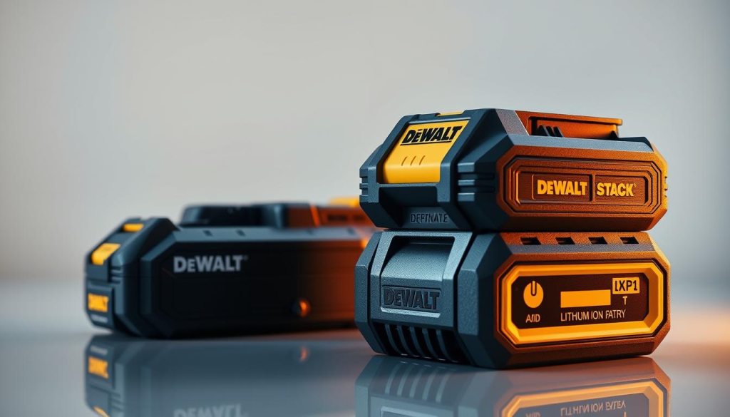 A crisp, high-resolution side-by-side comparison of the DEWALT POWERSTACK battery pack and a traditional lithium-ion battery. The POWERSTACK is prominently displayed in the foreground, its sleek, angular design illuminated by warm, directional lighting. The traditional battery occupies the middle ground, its bulkier, more rectangular form providing a clear contrast. In the background, a clean, minimalist setting accentuates the technological advancements of the POWERSTACK, evoking a sense of modern power and efficiency. Subtle reflections on the surfaces create a sense of depth and dimensionality, inviting the viewer to examine the distinct features of these two energy sources.