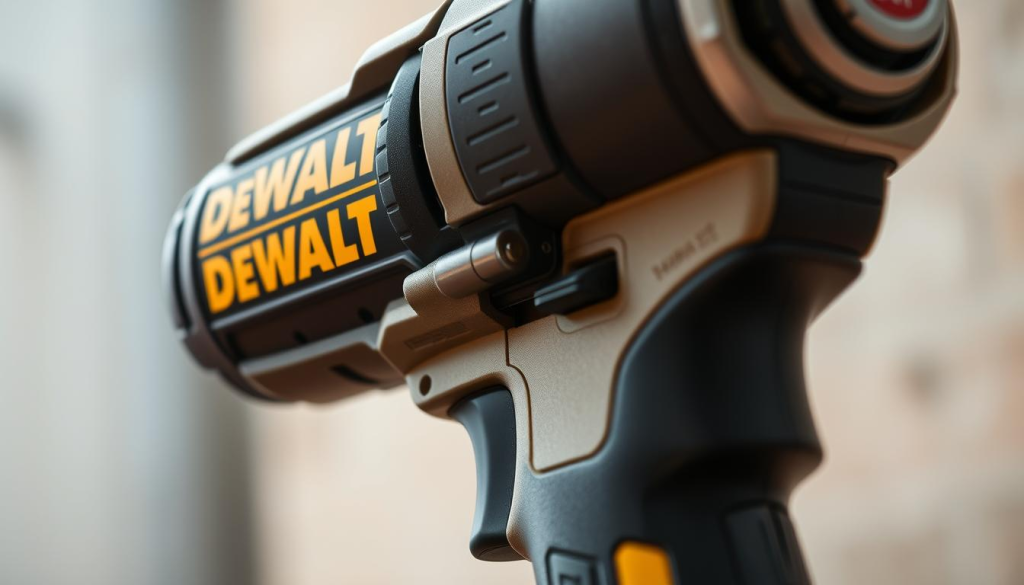 A crisp, well-lit close-up shot of a DEWALT Quiet Impact Driver, showcasing its sleek and modern design. The driver's body is rendered in muted grays and blacks, with a metallic sheen that reflects the surrounding environment. The tool's intricate internal components are partially visible, hinting at the advanced engineering and technology that powers its quiet operation. The background is blurred, keeping the focus on the driver's elegant form and its innovative "Quiet Impact Technology" that is the core of DEWALT's commitment to delivering uncompromising performance.