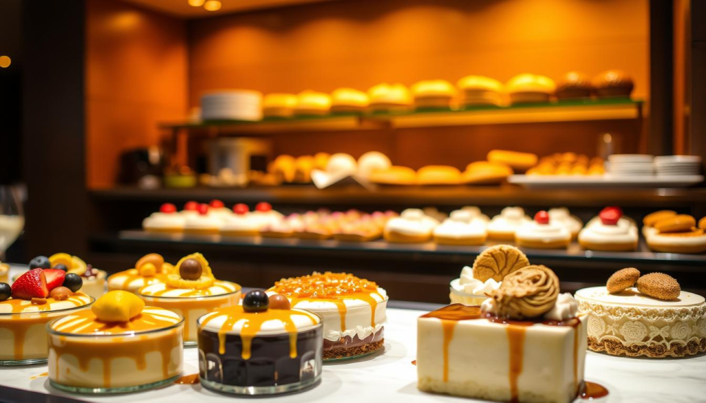 A delectable display of Mikata Buffet's dessert menu, captured in a warm, inviting atmosphere. In the foreground, an array of decadent treats, from creamy custards to luscious cakes, adorned with fresh fruits and drizzles of caramel. The middle ground showcases a variety of hand-crafted pastries, their flaky crusts and intricate designs beckoning the viewer. In the background, a cozy, dimly lit setting, with soft lighting that casts a golden glow, creating a sense of comfort and indulgence. The scene exudes a tempting, mouthwatering aroma, enticing the viewer to savor the delightful desserts on offer at the Mikata Buffet.