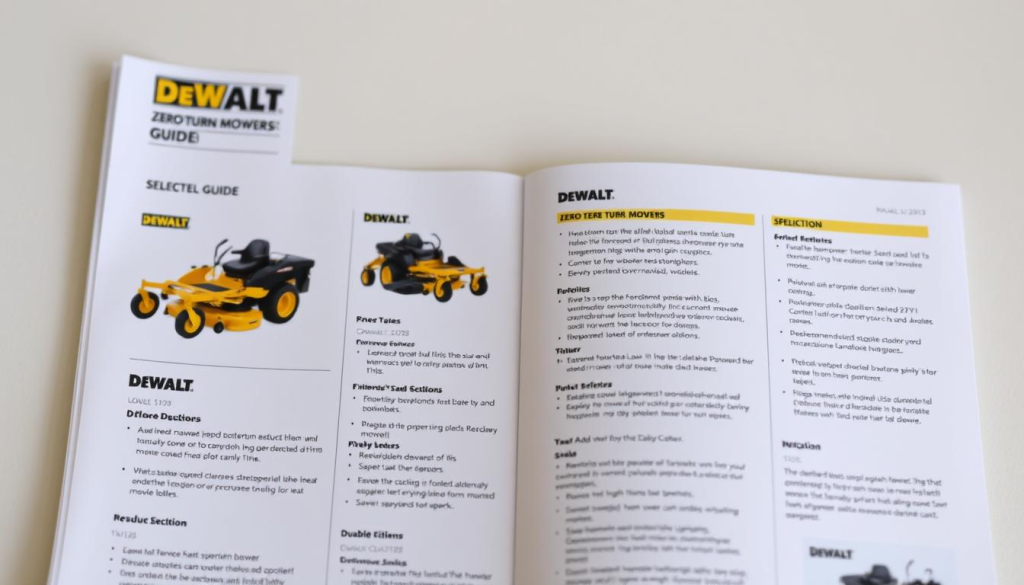 A detailed and technical product selection guide for DEWALT Zero Turn Mowers, with a clean and organized layout. The guide is presented against a soft, neutral background, allowing the mower models and their specifications to take center stage. The lighting is natural and evenly distributed, highlighting the sleek, durable design of the mowers. The perspective is slightly angled, giving the viewer a comprehensive overview of the mowers' features and capabilities. The overall mood is informative and visually appealing, reflecting the high quality and performance of the DEWALT brand.