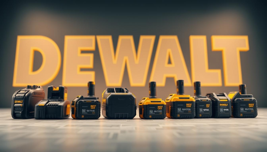 A detailed blueprint of DEWALT's iconic battery platform evolution, showcasing its technical prowess and design refinement over the years. In the foreground, an expertly rendered array of batteries, each with its unique form factor and capacity, arranged in a visually striking manner. The middle ground depicts the progression of the battery packs, from early bulky designs to the sleek, modern iterations, highlighting the company's commitment to innovation. The background features a meticulously crafted 3D render of the DEWALT logo, surrounded by a soft, warm glow that emanates a sense of technological mastery. The overall scene is captured with a professional-grade camera, using a shallow depth of field to draw the viewer's attention to the intricate details of the batteries and their evolution.