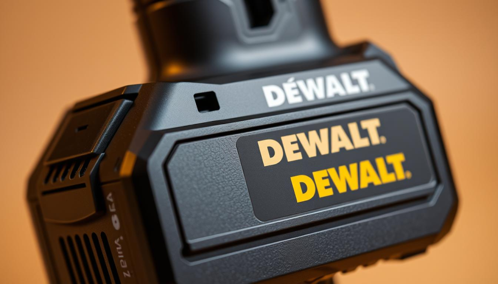 A detailed close-up of a DEWALT 20V MAX lithium-ion battery pack, capturing its sleek design and advanced technology. The battery is shown in sharp focus, with warm studio lighting that highlights the textured surface, power indicator lights, and the iconic DEWALT logo. The background is a simple, neutral color, allowing the battery to be the central focus. The image conveys the high-quality, durable, and reliable nature of DEWALT's 20V power tool system.