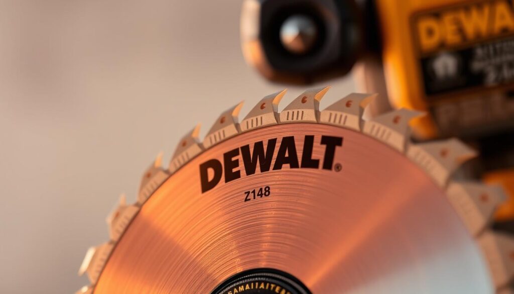 A detailed close-up of the DEWALT Z148 precision saw blade, showcasing its sharp teeth and sturdy construction. The blade is set against a soft, diffused background, with warm studio lighting illuminating its metallic finish. The scene conveys a sense of precision and quality, highlighting the tool's capabilities for accurate, clean cuts. The composition emphasizes the blade's central role, drawing the viewer's attention to its intricate design and robust build, reflecting the saw's versatility and reliability for workshop tasks.