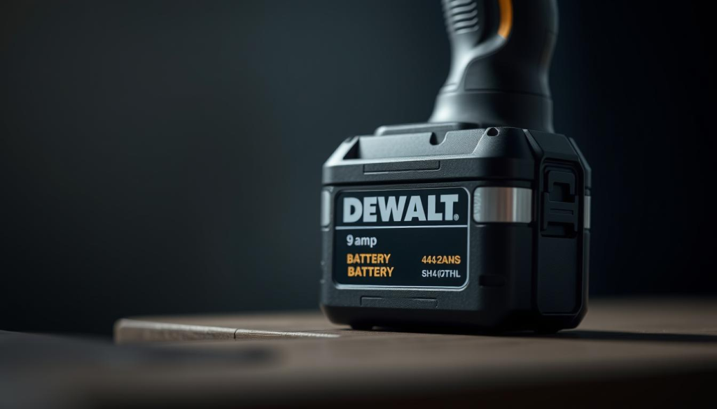 A detailed close-up shot of a DEWALT 9 amp battery, showcasing its technical specifications and design. The battery is positioned in the center of the frame, lit by a soft, directional light that accentuates its sleek, black casing and metal accents. The background is blurred, allowing the battery to be the focal point. The image should convey a sense of power, durability, and precision engineering, reflecting the battery's capabilities and suitability for demanding applications.