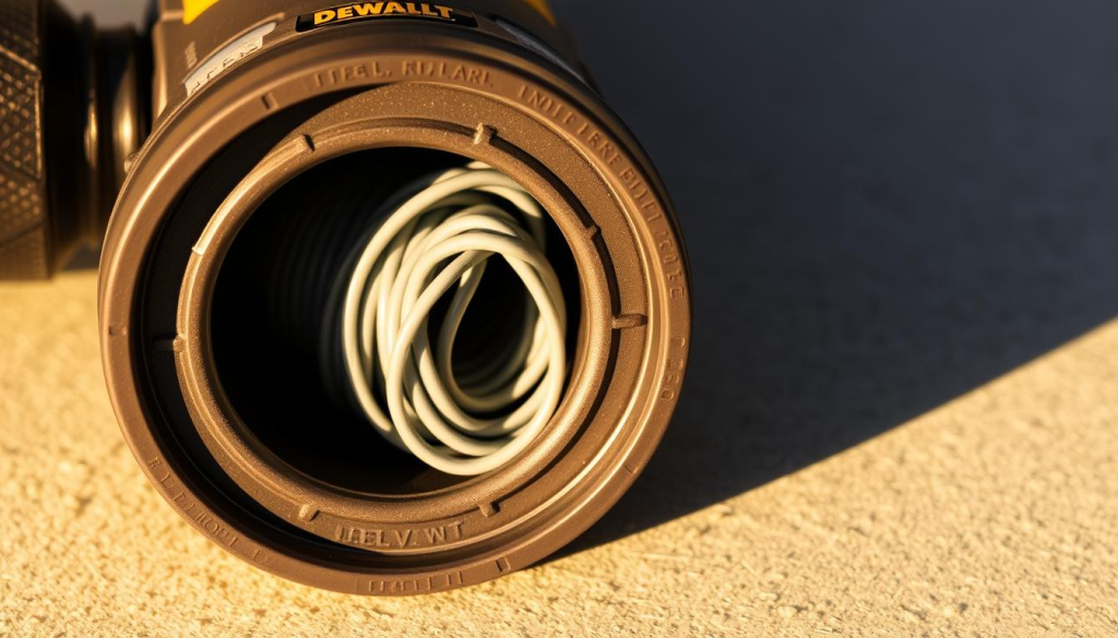 A detailed close-up shot of a DEWALT Quickload spool head trimmer line, illuminated by warm, natural lighting. The spool rests on a neutral-colored surface, showcasing its sturdy, plastic construction with a textured grip. The trimmer line is visible, coiled neatly within the spool's recessed compartment, its individual strands highlighted by the gentle shadows. The overall composition emphasizes the product's compact, user-friendly design, hinting at its ease of use and suitability for the "Choosing the Right Line for Your Spool Head" section of the article.
