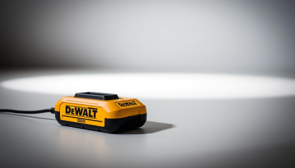 A detailed close-up shot of a DeWalt USB-C fast charger, set against a minimalist, well-lit studio backdrop. The charger is showcased in the foreground, its sleek black and yellow design highlighted by soft, directional lighting. The middle ground features a clean, seamless surface, allowing the product to be the central focus. The background is subtly blurred, creating a sense of depth and emphasizing the charger's premium build quality. The image conveys the power, efficiency, and convenience of the DeWalt USB-C charger, perfectly capturing the "Advantages of Using a USB-C Charger" section of the article.