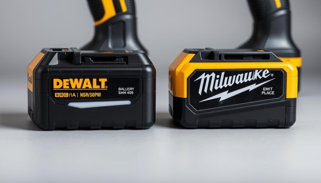 A detailed close-up shot of two different power tool battery packs, one from DeWalt and one from Milwaukee, placed side-by-side on a neutral gray background. Capture the distinct physical designs, sizes, and terminal layouts of the two batteries, showcasing the key differences in their construction. Ensure sharp focus, crisp lighting, and a slight angle to provide depth and emphasize the contrasting elements. Convey a technical, analytical mood that highlights the engineering and manufacturing considerations behind cross-brand battery compatibility.
