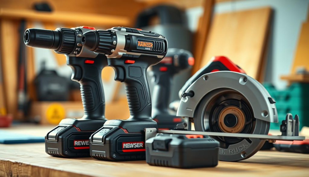A detailed close-up shot of various lithium-ion battery tools, including a power drill, an impact driver, and a circular saw, arranged neatly on a clean, well-lit workbench. The tools are made of sleek, modern materials and have a premium, professional-grade appearance. The lighting is soft and diffused, creating a warm, inviting atmosphere that highlights the tools' features and textures. The background is blurred, allowing the tools to be the focal point of the image, conveying a sense of technical expertise and a focus on the battery technology that powers these versatile, high-performance tools.