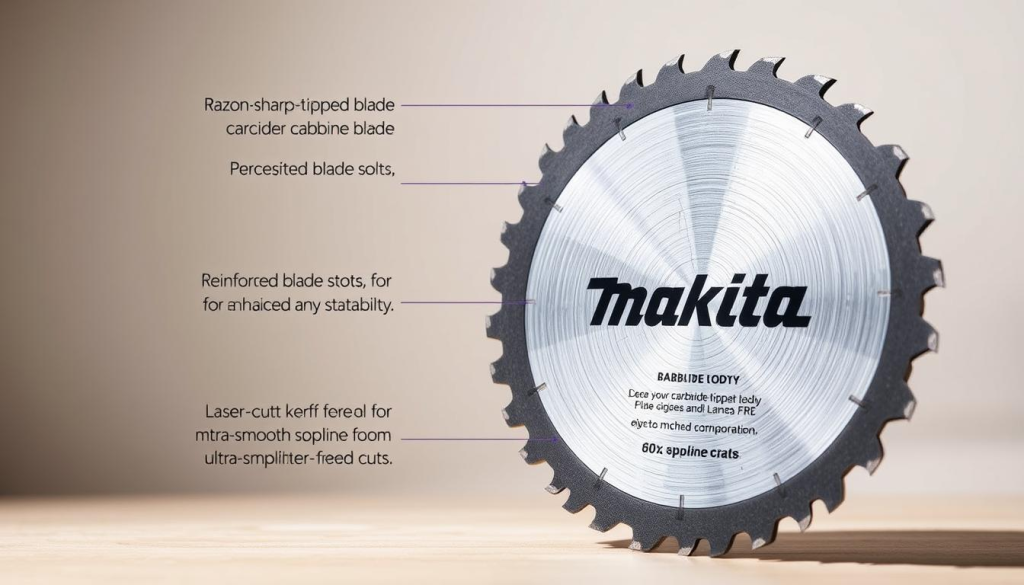 A detailed close-up view of a Makita track saw blade, showcasing its key features. The blade is positioned against a clean, neutral background with soft, directional lighting that accentuates its intricate design and construction. The foreground highlights the razor-sharp carbide-tipped teeth, the precisely-machined blade body, and the reinforced blade slots for enhanced durability and stability. The middle ground reveals the blade's micro-grain steel composition and the laser-cut kerf for ultra-smooth, splinter-free cuts. The background maintains a subtle, minimalist atmosphere to allow the blade's technical qualities to take center stage.