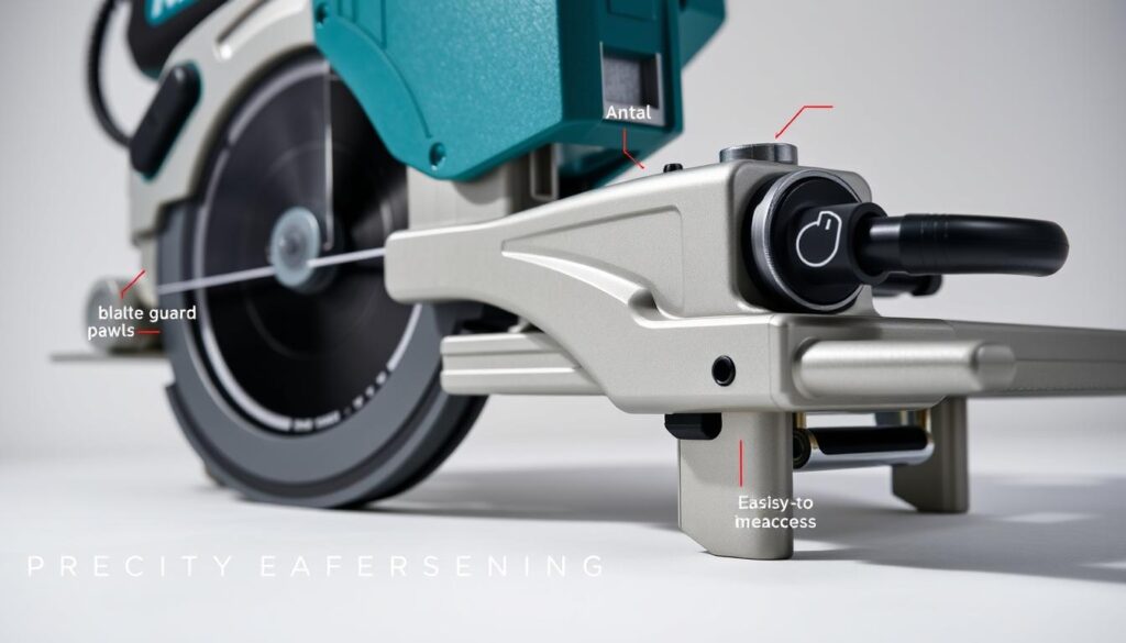 A detailed close-up view of the Makita SP6000J track saw, showcasing its key safety features. The saw is displayed on a clean, minimalist background, allowing the viewer to focus on its precision engineering. Prominent features include the transparent blade guard, anti-kickback pawls, and the large, easy-to-access power switch. The lighting is soft and directional, accentuating the saw's clean lines and metallic accents. The image is captured at a slight angle, providing a clear, unobstructed perspective of the tool's safety mechanisms. The overall mood is one of professionalism and technical expertise, reflecting the advanced engineering of the Makita SP6000J.
