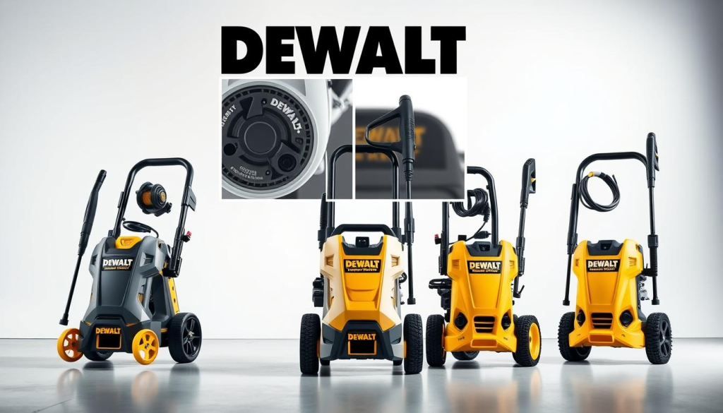 A detailed comparison of DEWALT power washers neatly arranged in a sleek, modern setting. In the foreground, three DEWALT models stand side-by-side, their distinctive designs and features prominently displayed. In the middle ground, high-resolution close-ups showcase the intricate components and controls, allowing viewers to appreciate the engineering and build quality. The background features a minimalist white backdrop, creating a clean, professional atmosphere that emphasizes the power washers' capabilities. Soft, directional lighting accentuates the products' textures and colors, while a slightly low camera angle conveys a sense of power and authority. The overall composition is balanced, visually appealing, and effectively highlights the key attributes that set DEWALT power washers apart from their competitors.