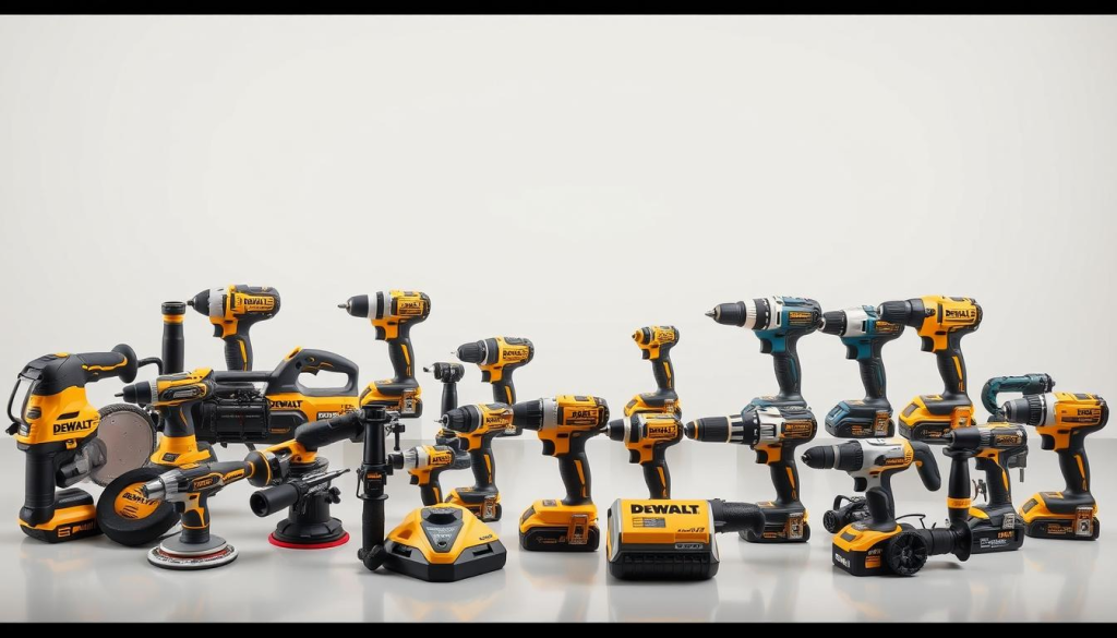 A detailed comparison of DeWalt power tools displayed against a clean, modern backdrop. The foreground showcases an array of DeWalt sanders, drills, and other tools, each meticulously rendered with attention to their distinct designs and features. The middle ground presents similar tools from competing brands, allowing a side-by-side evaluation. The background is a minimalist, light-colored environment, with subtle reflections and shadows to enhance the product details. The overall composition is balanced, with a focus on highlighting the quality, performance, and versatility of the DeWalt power tools.