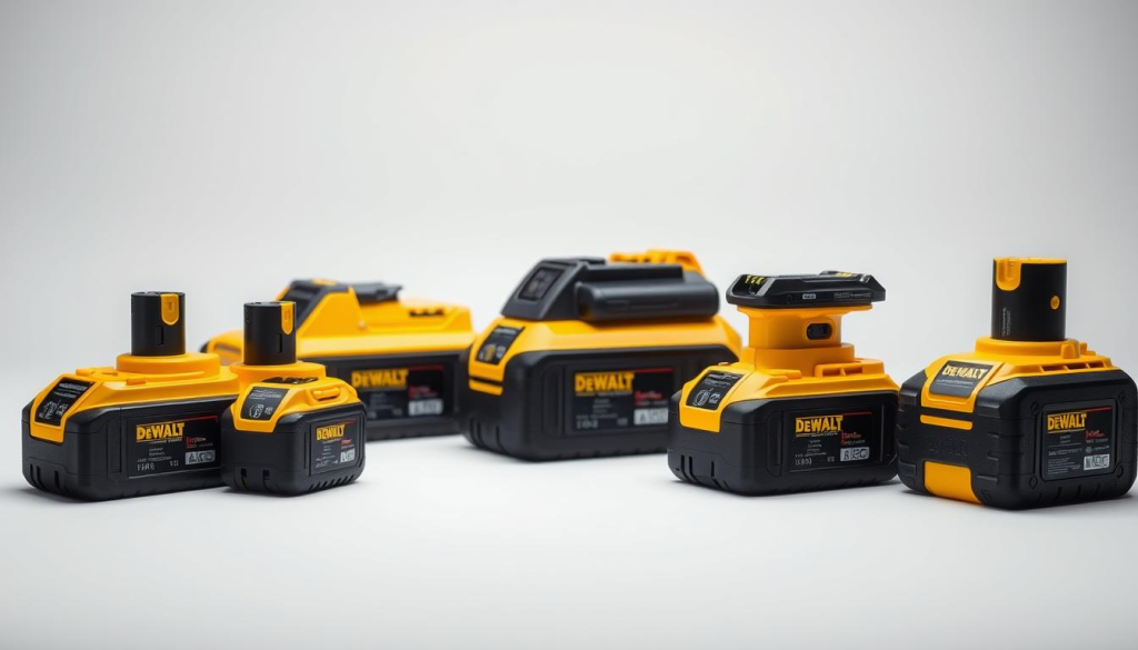 A detailed comparison of DeWalt's battery technology, showcasing the distinguishing features of their lithium-ion and other battery types. A well-lit, high-resolution image captured from a slightly elevated angle, presenting the batteries in a sleek, technical arrangement. The foreground features the various DeWalt battery models, their size and form factors clearly visible. The middle ground displays a clean, minimalist backdrop, emphasizing the batteries' advanced design. The background subtly hints at the technical specifications and performance characteristics of the batteries, conveying a sense of innovation and engineering excellence.